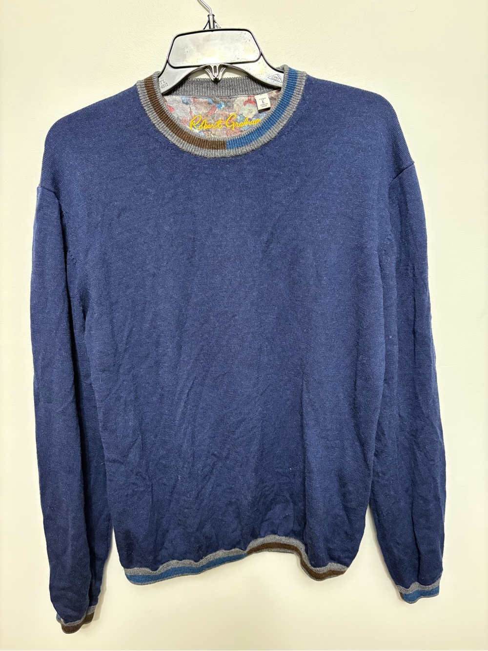 Robert Graham Sweater 100% Wool Mens Size L Blue Pullover Jumper Grampacore